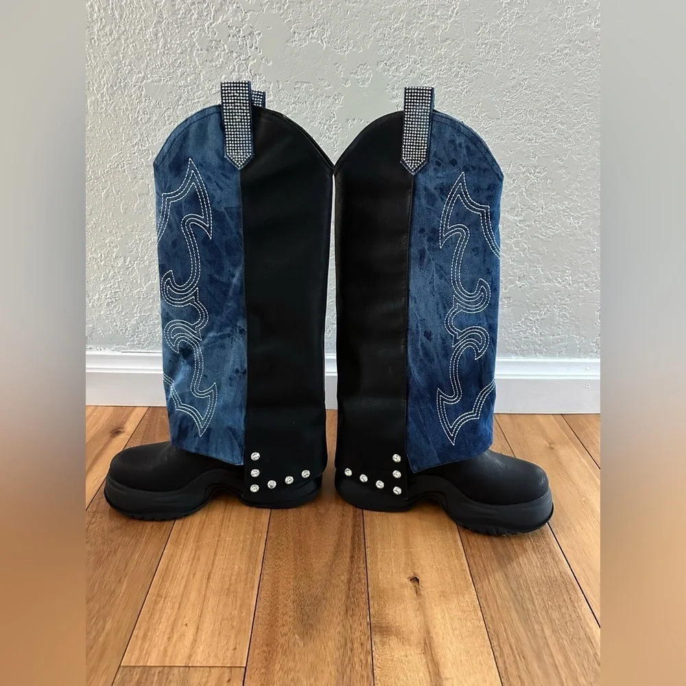 CAPE ROBBIN SUNGSU WESTERN DENIM/RHINESTONE PLATFORM BOOTS NIB